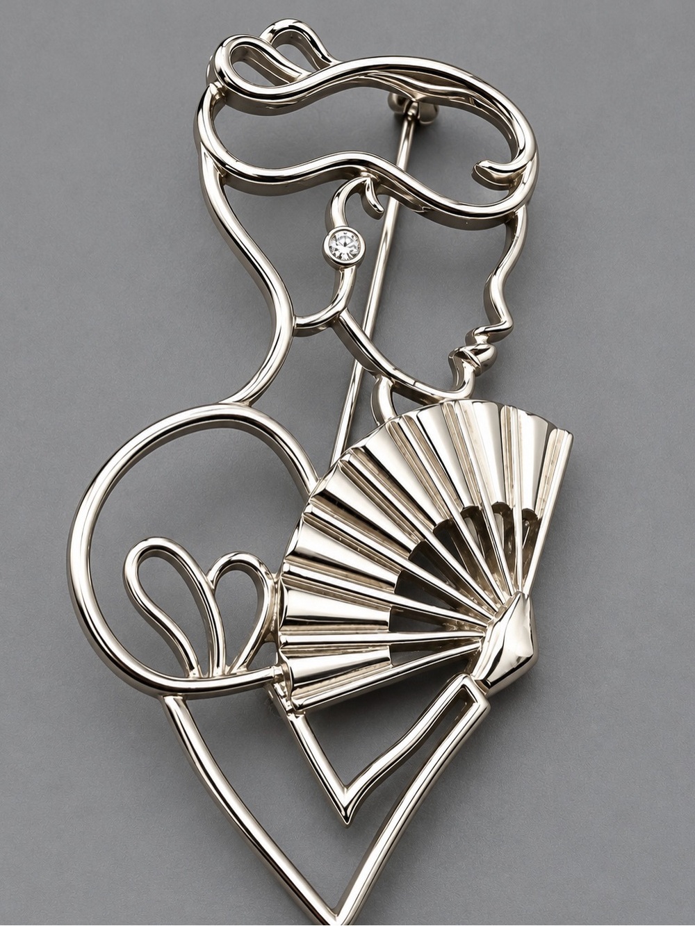 Vintage Silver-Tone Fan Lady Brooch #cz555